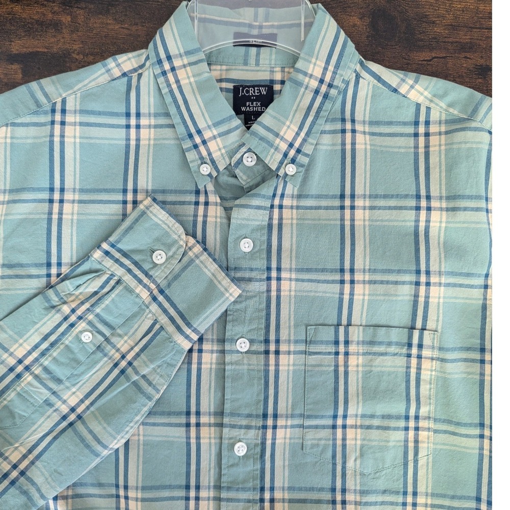 J.Crew Flex Washed Shirt Green Plaid Slim Fit Long Sleeve Sz L Preppy Coastal